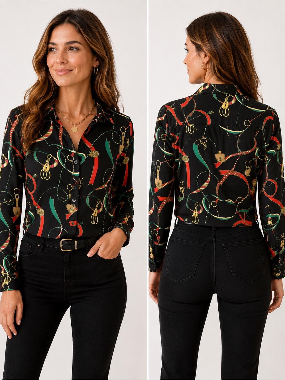 J. McLaughlin Catalina Cloth Equestrian Horse Bit Print Button Front Shirt Small